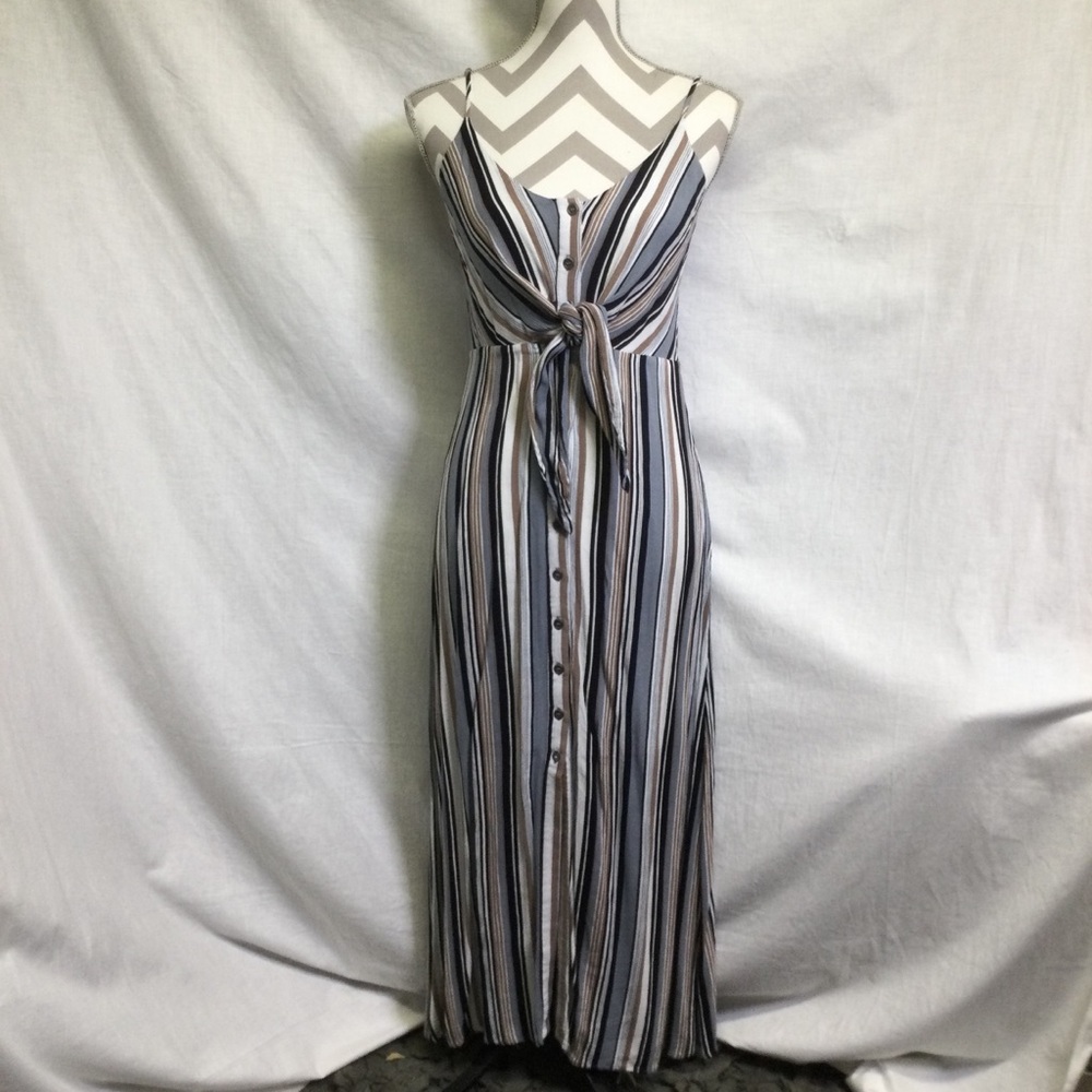 Anama Womens Blue Tan White Striped Button Up Maxi Dress, Sz Small